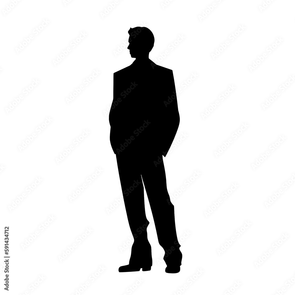 silhouette people of a slim young casual man full length profile standing, black color isolated on transparent png background Generative ai