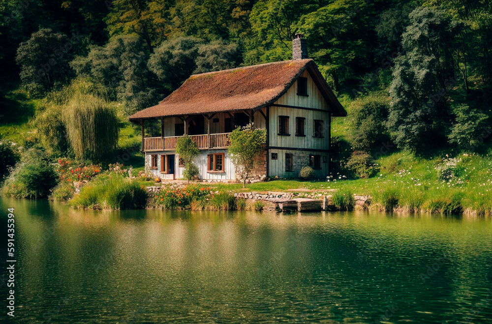 Wooden house on the lake in the mountains. Beautiful cottage on the bank of the river in the village. Generative AI. Wooden house on the lake in the mountains. Beautiful cottage on the bank of the river in the village. Generative AI.