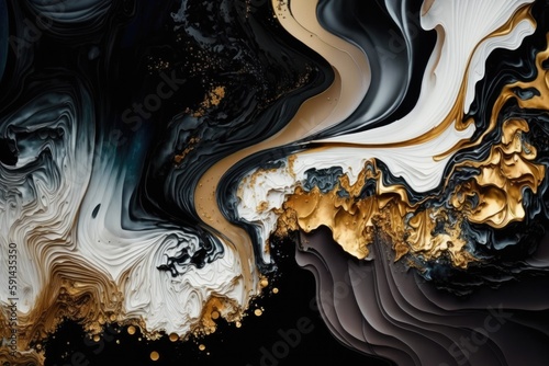 an abstract painting with black and gold colors. Generative AI