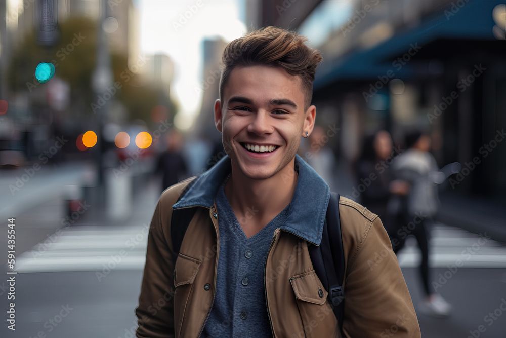 Fototapeta premium A fictional person. Confident Gen Z guy walking in a bustling city street and smiling at the camera