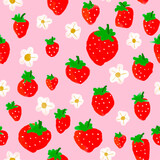 Cute strawberry pattern background - funny vector drawing seamless pattern. Lettering poster or t-shirt textile graphic design. Cute illustration. wallpaper, wrapping paper.  Watercolor style