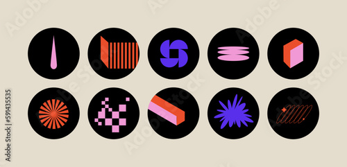 Vector set of template icons for social highlights, business in minimalist brutalist design. Bundle of futuristi Y2kc shapes and geometric figures.
