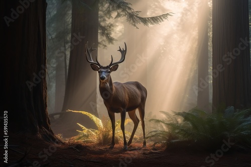 Sunset view of a stag deer in the Redwood Forest © MD Media