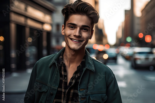 A fictional person. Confident Gen Z guy walking in a bustling city street and smiling at the camera