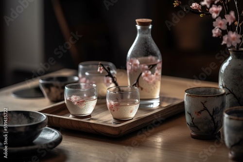 A captivating, Japanese-inspired sake presentation, with a traditional sake set, including a ceramic flask and small cups, surrounded by cherry blossoms and minimalist decor. Generative AI
