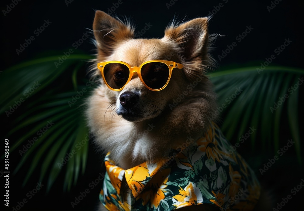 Dog wearing yellow sunglasses on a  studio background - Generative AI