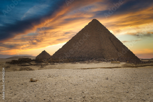 Beautiful sunset over the pyramid of Menkaure in Giza  Egypt