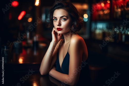 Beautiful young woman sitting alone at a bar with dim lighting