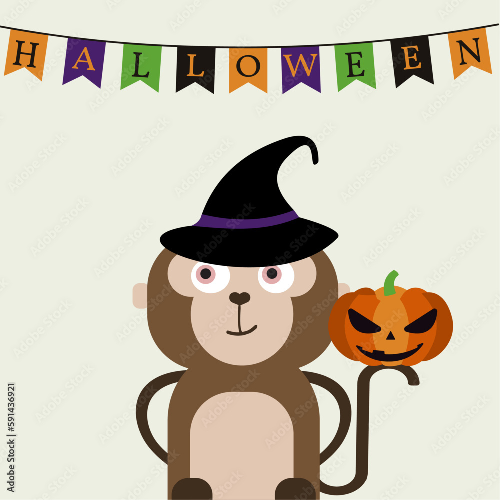 Halloween card with a cute flat design Monkey with a Pumpkin and Magic Hat Halloween card with a cute flat design Monkey with a Pumpkin and Magic Hat
