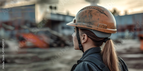 Young woman builder on construction site. Female worker wearing protective helmet inspects construction. Back view. Generative AI. High quality illustration © SERGEI