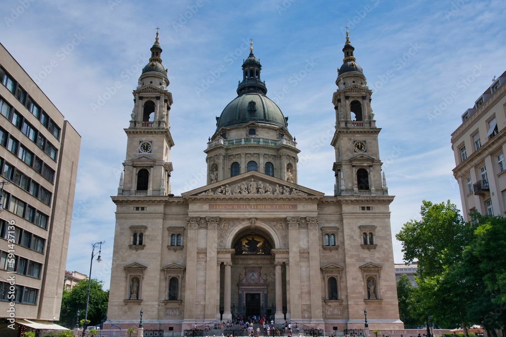 Low-angle shot of a Roman Catholic basilica, St. Stephen's Basilica in Budapest, Hungary