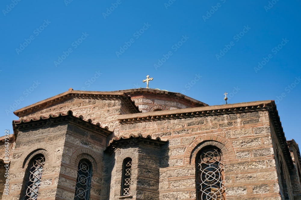 Low angle of Church of the Presentation of the Virgin Mary against a blue sky in Athens, Greece