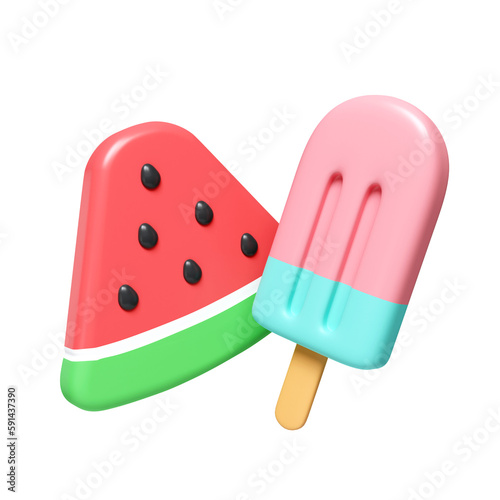 3d watermelon and ice cream for summer time. icon isolated on white background. 3d rendering illustration. Clipping path.