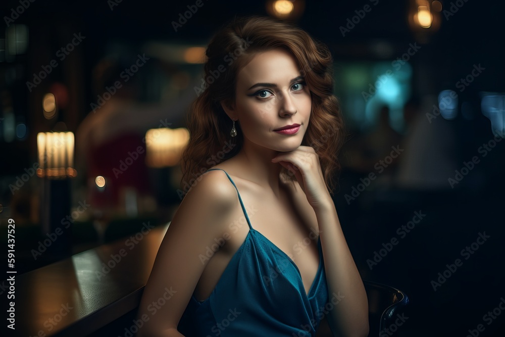 Beautiful young woman sitting alone at a bar with dim lighting