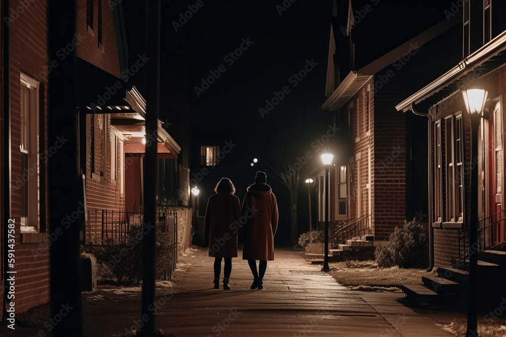 Rear view of a man and woman walking down a city street