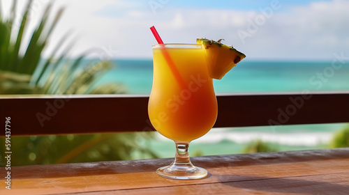 Bob Marley cocktail on background with blue sea and sky tropical background. Generative AI