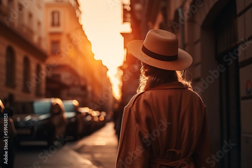 Rear view of a woman walking down a city street at sunset
