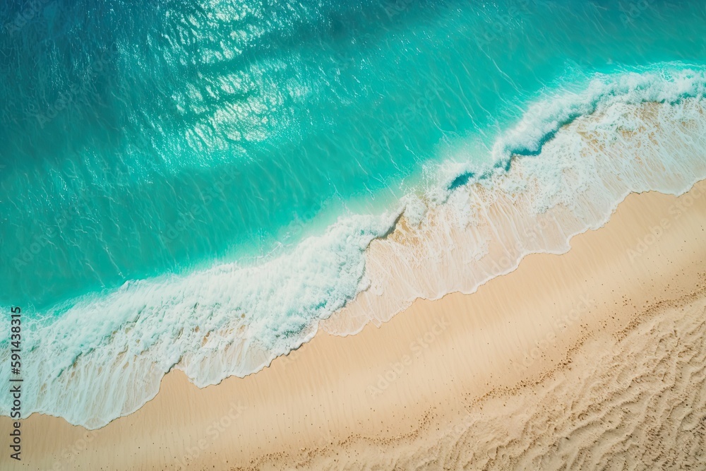 an aerial view of a tropical beach and crystal clear ocean waters. Generative AI