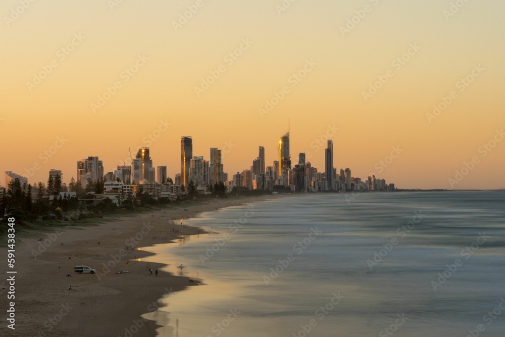Fototapeta premium Sunset view of the Gold Coast and skyline in the background, Australia