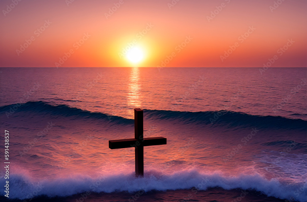 Christian cross in the ocean at sunset. Generative AI. Christian cross in the ocean at sunset. Generative AI.