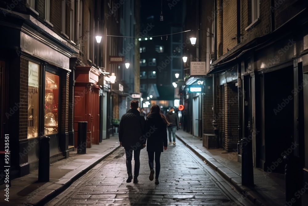 Rear view of a man and woman walking down a cold winters city street