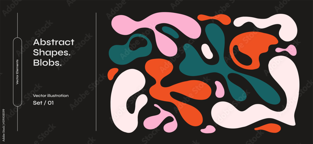 Collection of abstract graphic forms on a dark background. Minimalist elements in the style of modern art. Universal vector illustration for your design in a flat style. Shapes and objects. Blobs.