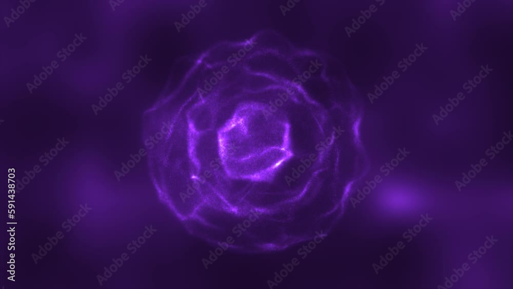 Abstract purple energy round sphere glowing with particle waves hi-tech digital magic abstract background. Video 4k, 60 fps