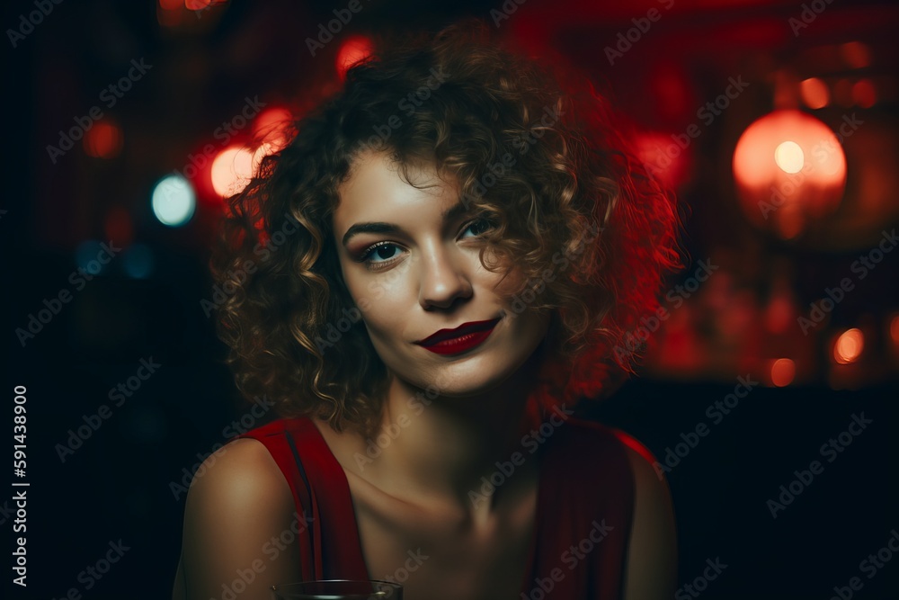 Beautiful young woman sitting alone at a bar with dim lighting