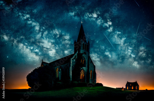 Christian church on background of starry sky. Generative AI.