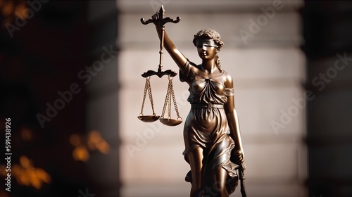 Themis statue, symbol of law and justice, holding scales and blindfolded, representing balance and impartiality. It symbolizes the legal system, ethics, and civil rights. Generative AI