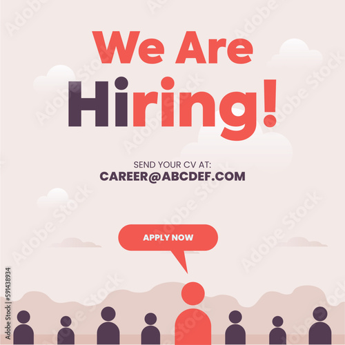 We are hiring. Recruitment post. Hiring post for social media and popup for website banner highlighting a person with apply now button. Hire engineer, designer, artist, manager and assistant. Employee