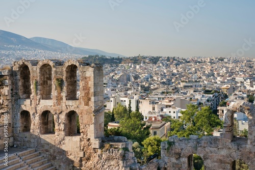 Scenic view of the Acropolis of Athens in Athens, Greece, on a bright day