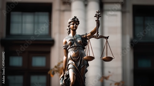 Themis statue, symbol of law and justice, holding scales and blindfolded, representing balance and impartiality. It symbolizes the legal system, ethics, and civil rights. Generative AI