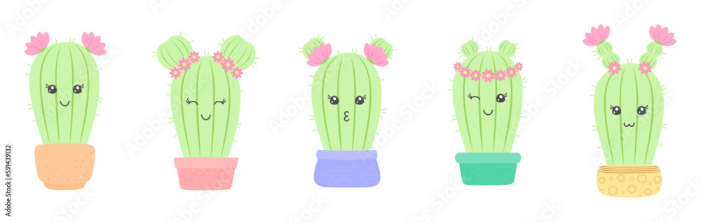 Cute cacti girls with pink flowers in hairstyles and funny faces ...