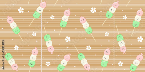 Kawaii Hanami Dango in the form of cute animals on a bamboo mat background with white sakura flowers. Endless texture with Japanese dessert characters on a stick. Vector seamless pattern for giftwrap