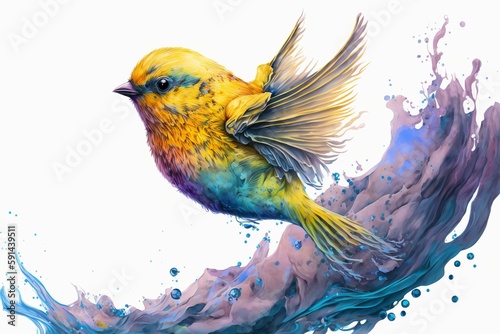 a bird flies by a large wave painted on a white background