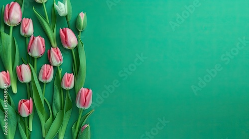 Tulips border with copy space on a colored background. Beautiful frame composition of spring flowers. Generative AI © Gelpi