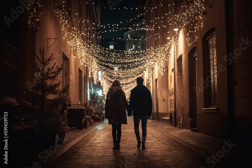 Rear view of a man and woman walking down a city street © MD Media