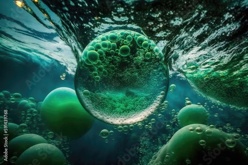 green bubbles floating in the water. Generative AI