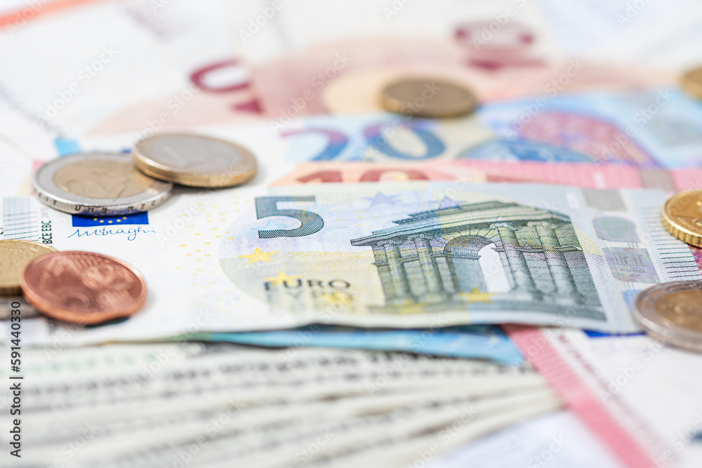 Set of different euro banknotes and coins. Money concept. Set of different euro banknotes and coins. Money concept.