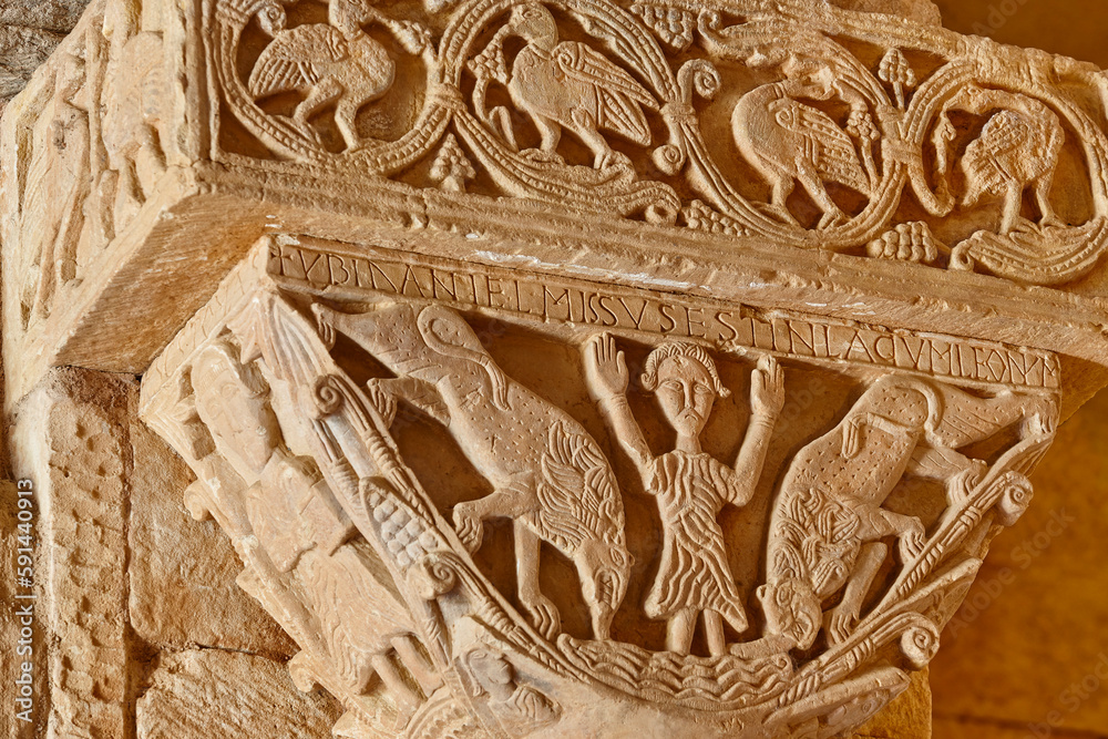 Romanesque capitel in San Pedro de la Nave church. Spain