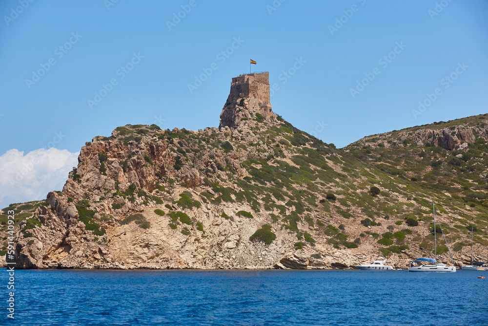 Mediterranean coast in Cabrera. Balearic islands landscape. Castle. Spain