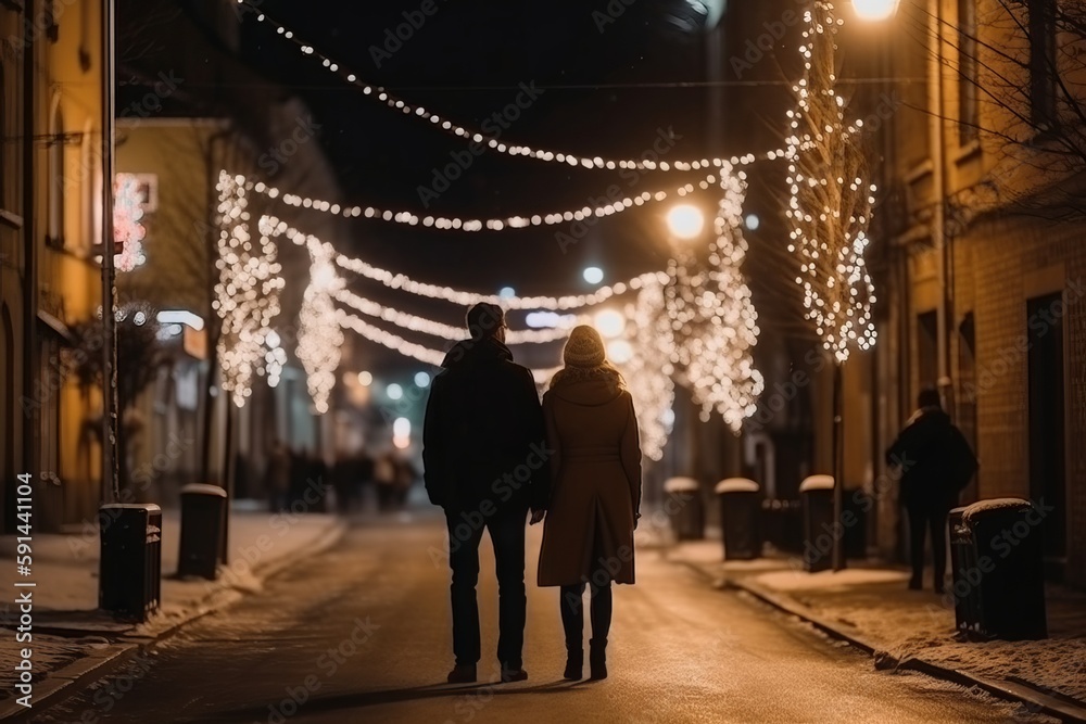 Rear view of a man and woman walking down a city street