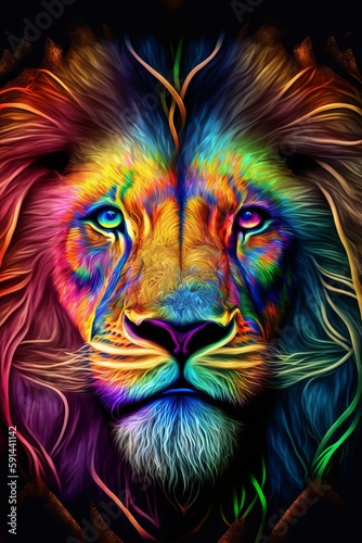 a lion with a big mane and blue eyes in rainbows