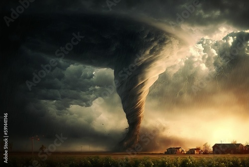 a tornado is about to explode through the sky over some farm fields