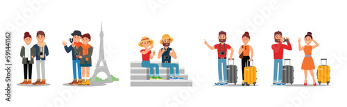 Young Couple Travelling on Vacation Vector Illustration Set