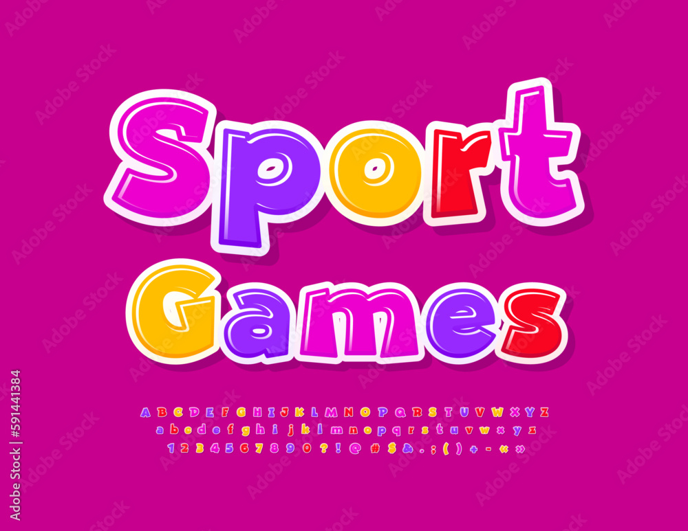 Vector playful banner Sport Games with bright Font for Kids. Colorful set of creative Alphabet Letters, Numbers and Symbols Vector playful banner Sport Games with bright Font for Kids. Colorful set of creative Alphabet Letters, Numbers and Symbols