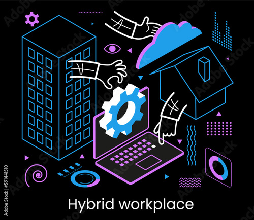 Effective online business. A hybrid team with work from home or office. Flexible workspace structure. Video call for effective business. Removed online capabilities.