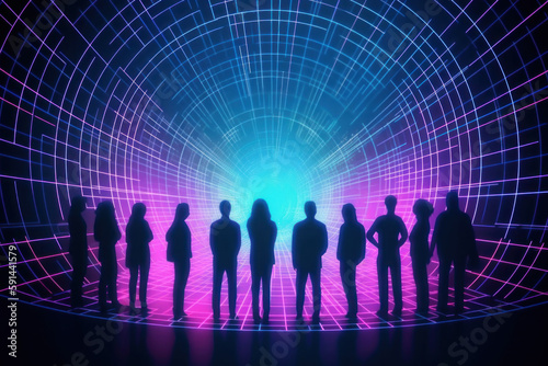Row of dark people silhouetted against neon glowing cyberspace background with digital glowing lines projecting into space. Metaverse concept. Generative AI.