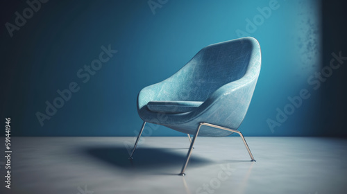 Modern designer chair stands againempty wall in blue colors. Generative AI. 